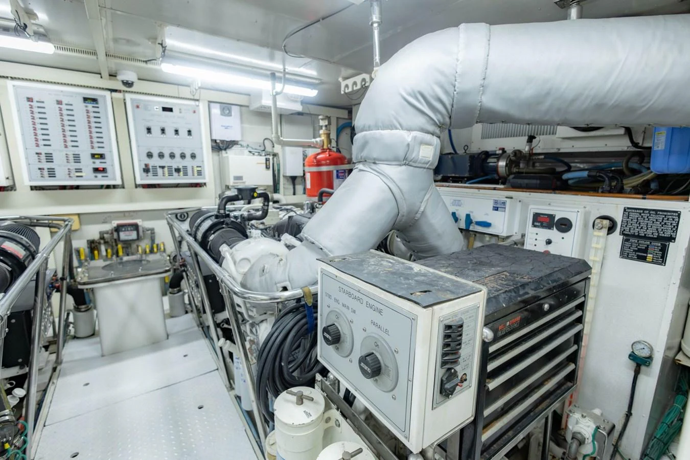 The engine room is equipped with advanced machinery and control panels, ensuring optimal performance and safety. aboard MY ANGEL Yacht for Sale