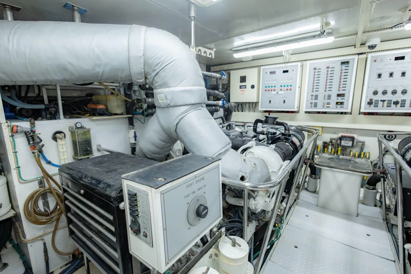 The engine room is equipped with advanced machinery and control panels, ensuring optimal performance and safety. aboard MY ANGEL Yacht for Sale