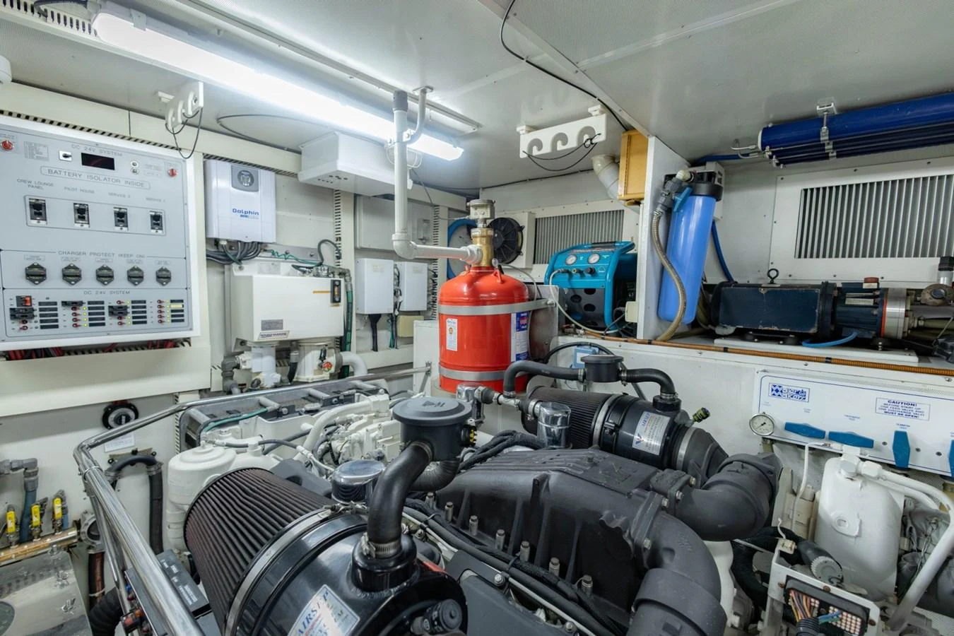 The engine room is equipped with advanced machinery and essential safety equipment. aboard MY ANGEL Yacht for Sale