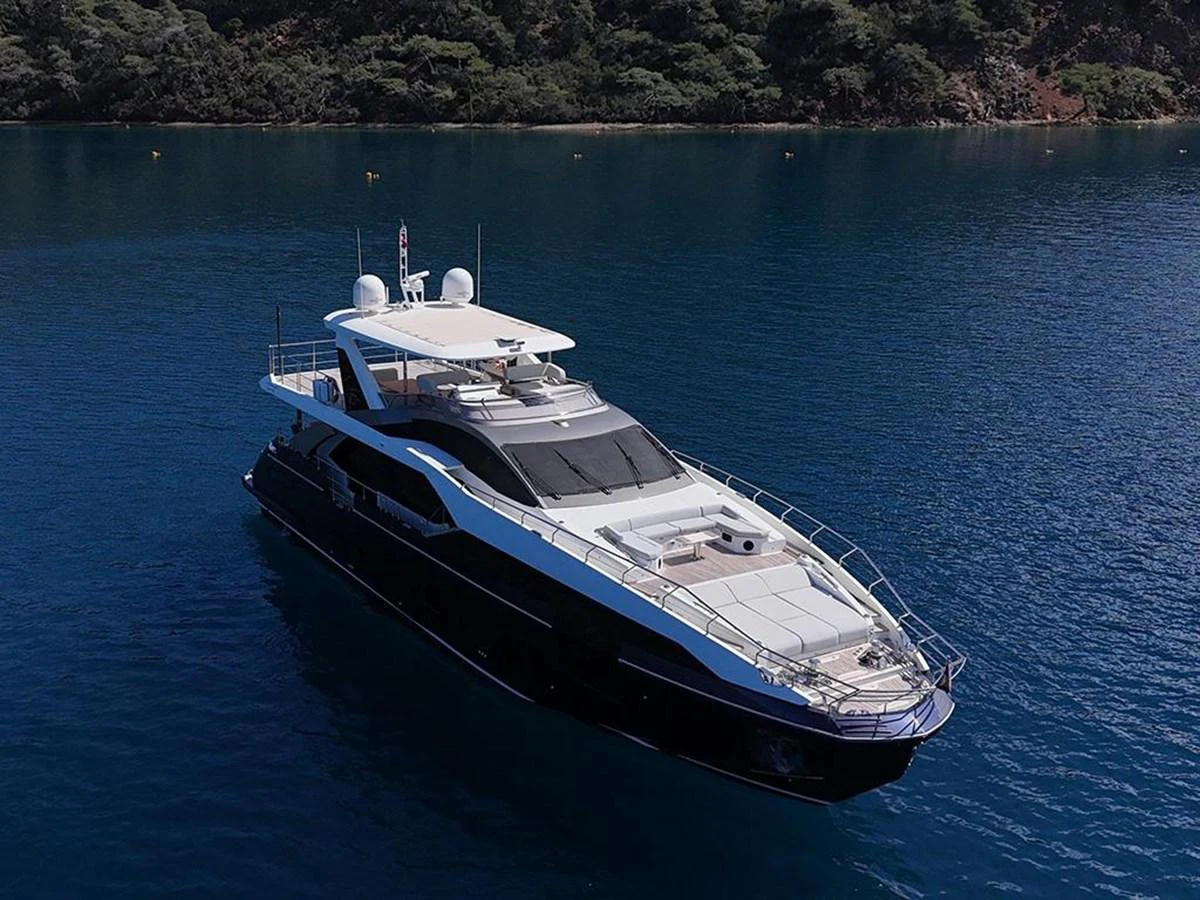 A sleek and modern yacht glides gracefully on calm blue waters, surrounded by lush greenery. aboard ALEX10 Yacht for Sale