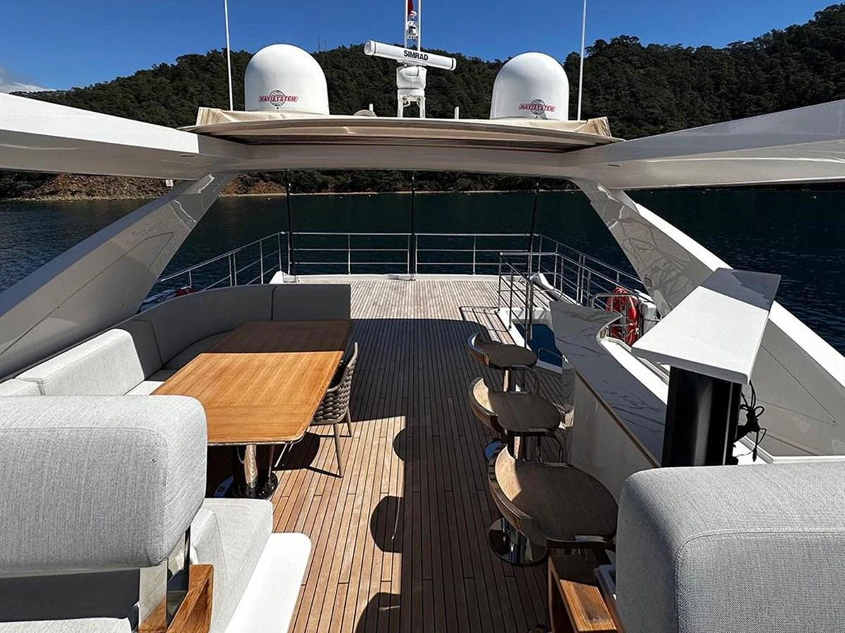 The flybridge offers a spacious and inviting area for relaxation and dining with stunning views. aboard ALEX10 Yacht for Sale