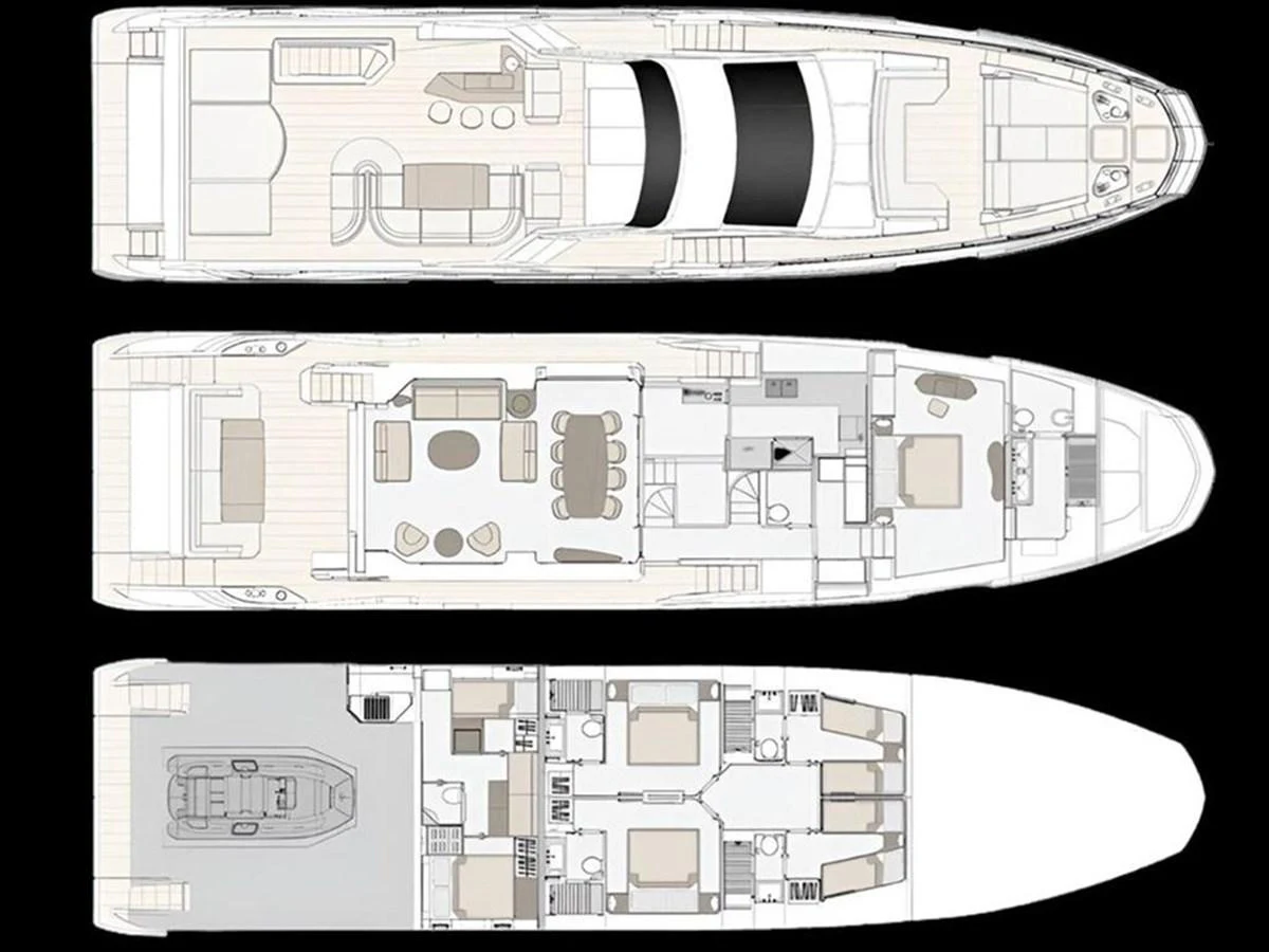 This image showcases the detailed deck plans of a luxury yacht, highlighting its layout and design. aboard ALEX10 Yacht for Sale