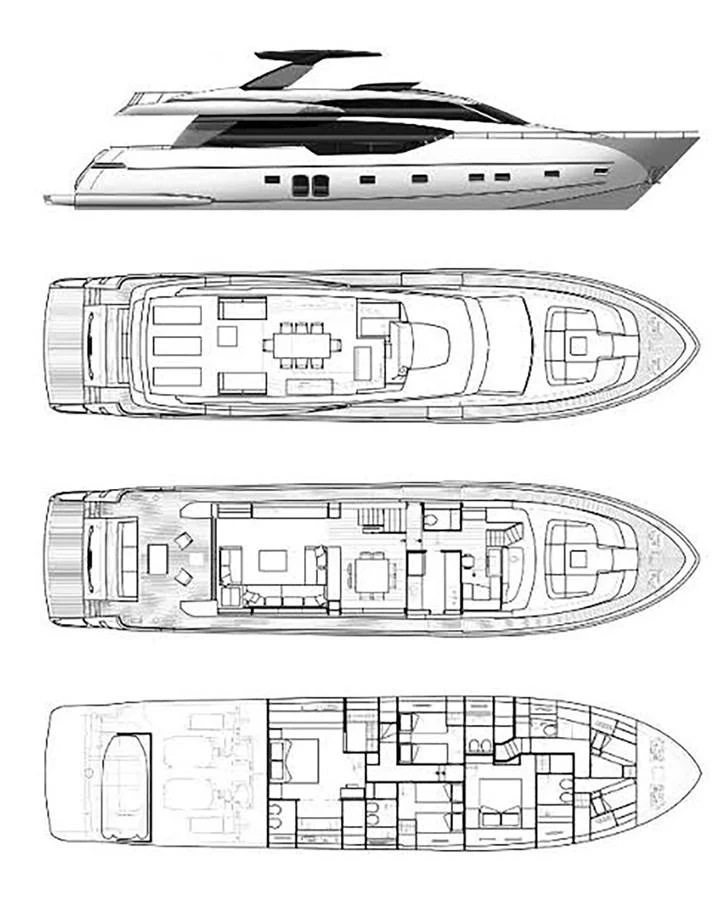 This image showcases the detailed deck plans of a luxurious yacht, highlighting its spacious and well-designed layout. aboard LA ISLA Yacht for Sale