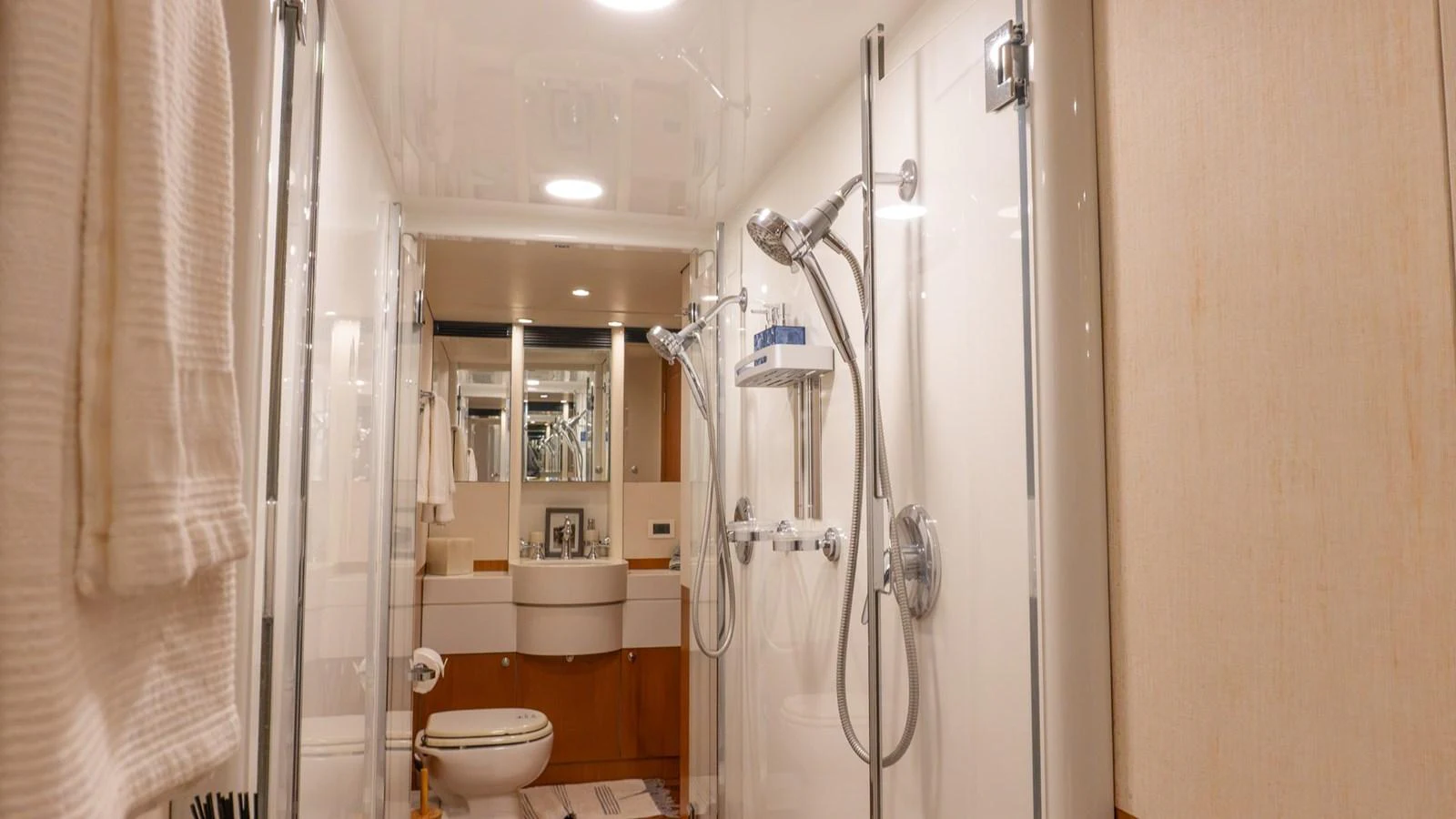 The yacht's bathroom features modern fixtures and a clean, bright design. aboard AUSSIE RULES Yacht for Sale