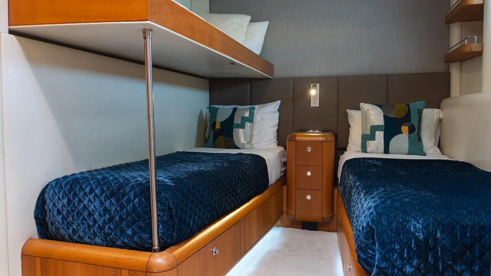 The guest stateroom features twin beds with plush bedding and modern decor. aboard AUSSIE RULES Yacht for Sale