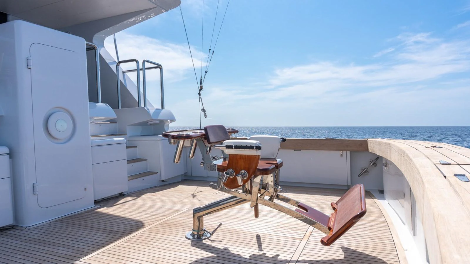 The yacht features a well-equipped fishing deck with a professional fighting chair, perfect for deep-sea fishing adventures. aboard AUSSIE RULES Yacht for Sale