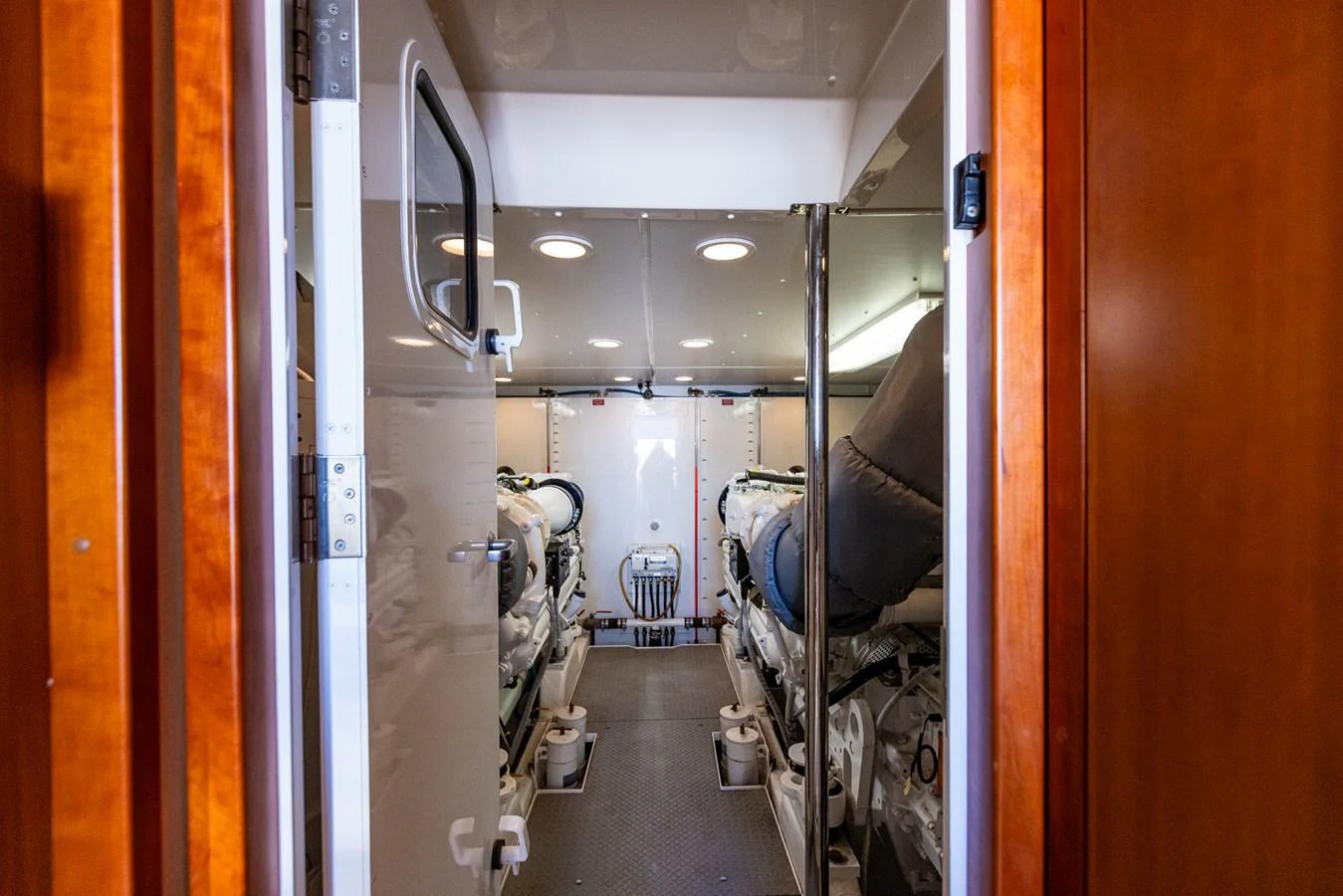 The image showcases the yacht's well-maintained engine room with advanced machinery. aboard DAWN TRADER VII Yacht for Sale