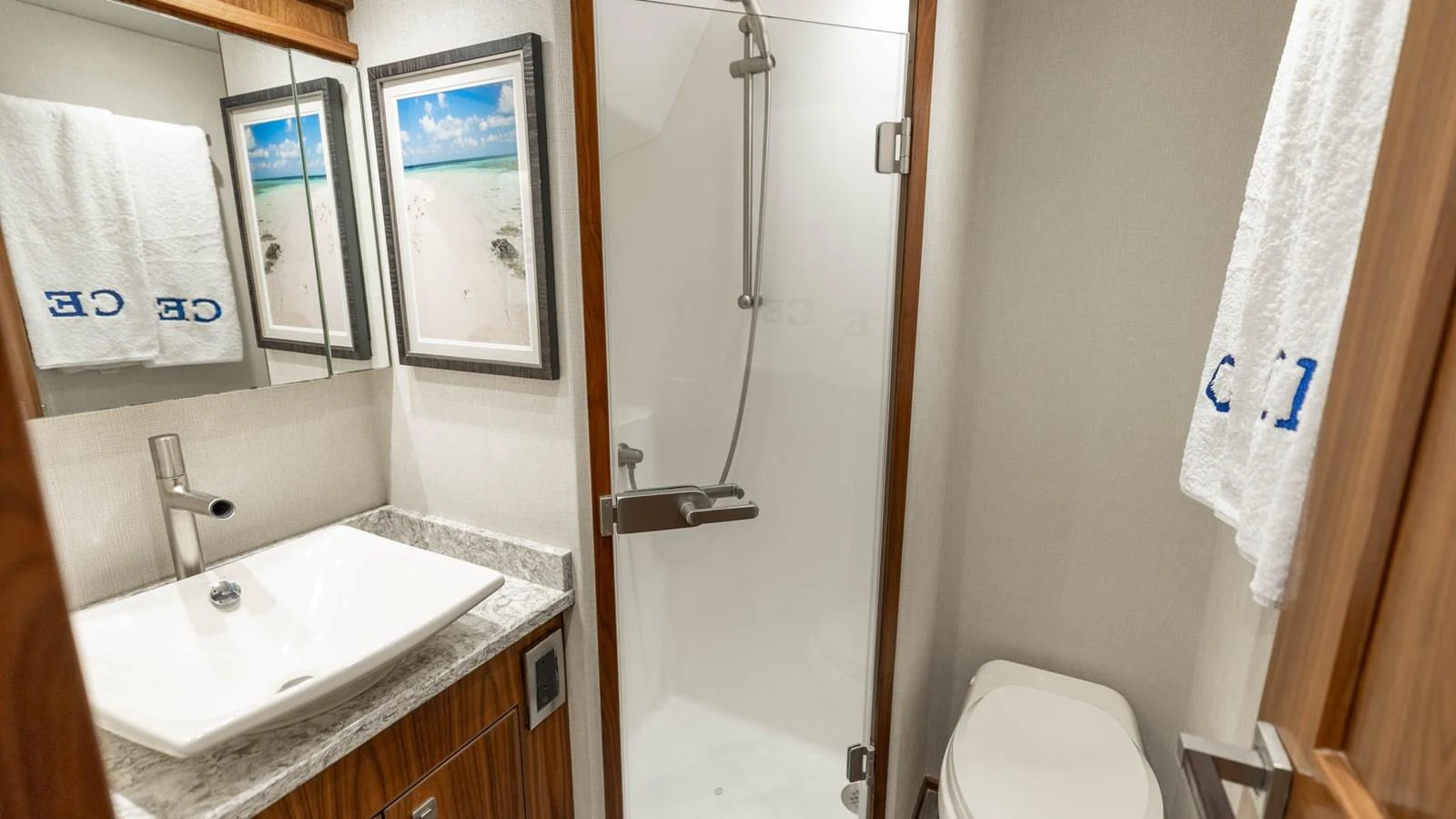 A well-appointed yacht bathroom featuring a modern sink, shower, and toilet. aboard CE Yacht for Sale