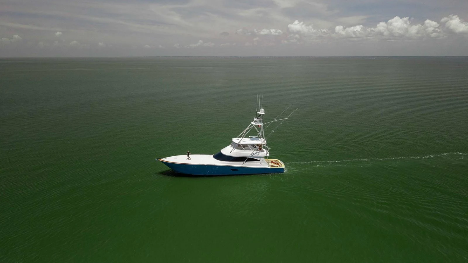 A sleek yacht cruises gracefully through calm green waters under a partly cloudy sky. aboard CE Yacht for Sale