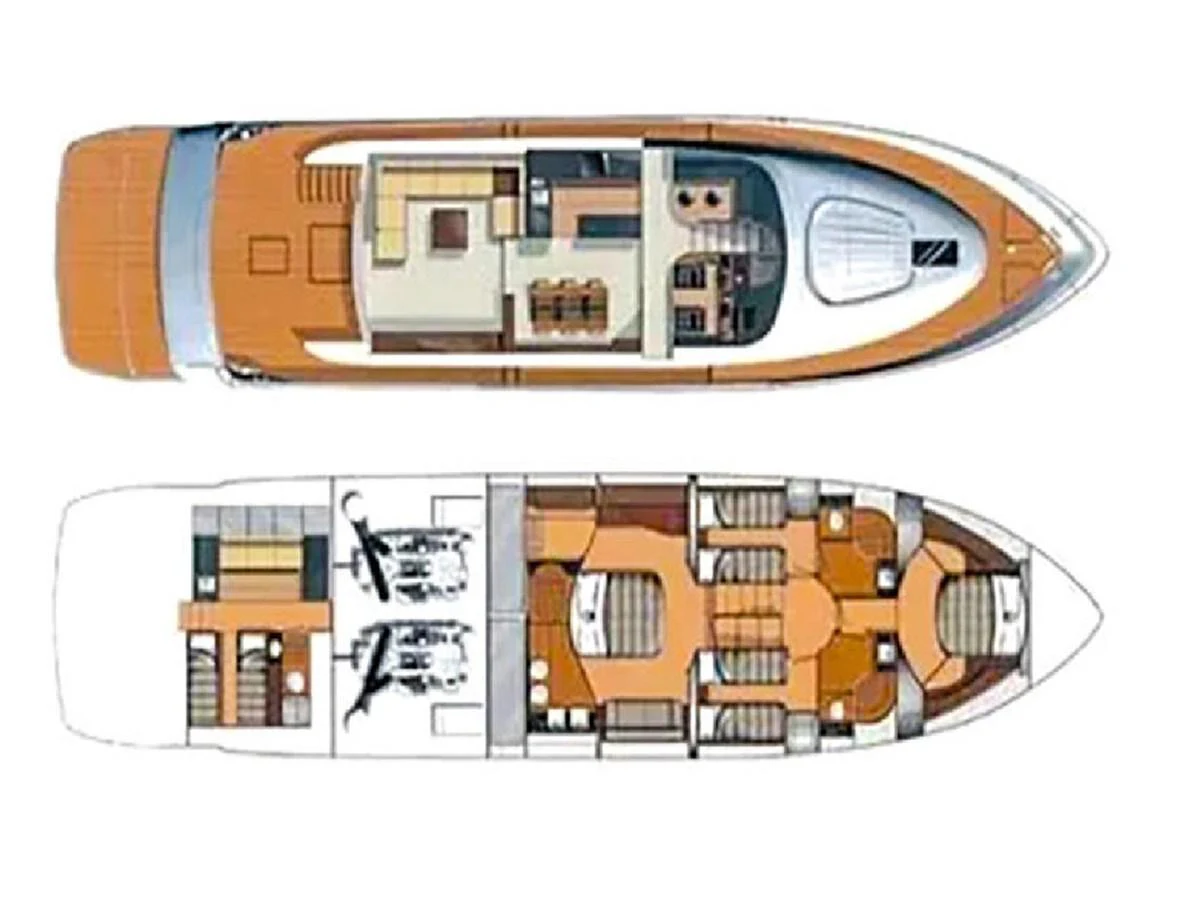 This image showcases the detailed deck plan of the yacht, highlighting its layout and amenities. aboard SEDEF Yacht for Sale