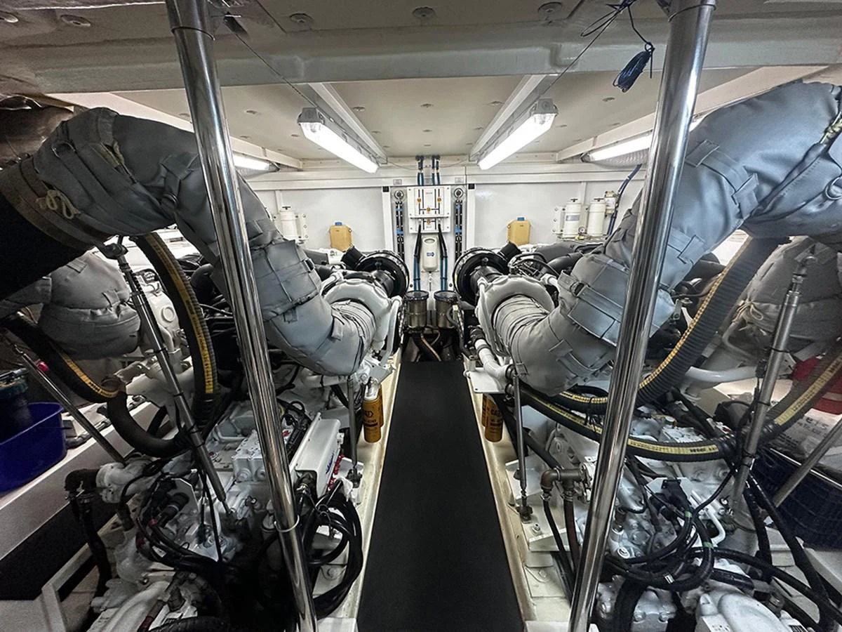 The image showcases the yacht's well-maintained engine room with powerful machinery. aboard SEDEF Yacht for Sale