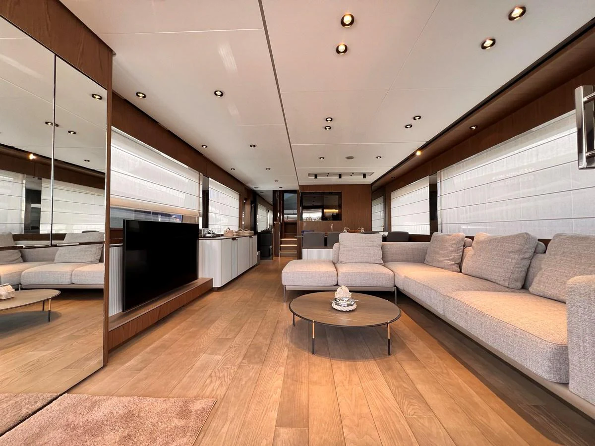 The salon features a spacious and modern design with comfortable seating and elegant decor. aboard LD Yacht for Sale