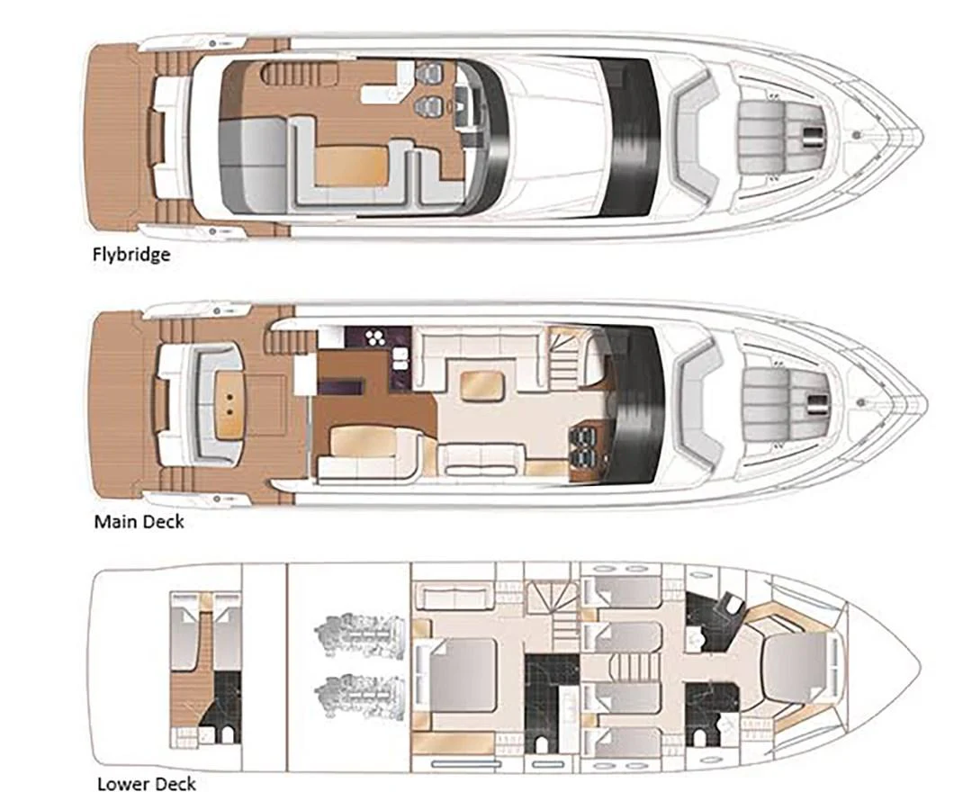 A detailed layout of the yacht's flybridge, main deck, and lower deck. aboard DAPHNE Yacht for Sale