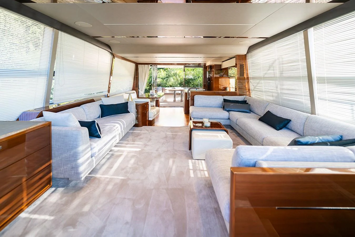 The spacious salon features plush seating and abundant natural light, creating a welcoming and luxurious atmosphere. aboard DAPHNE Yacht for Sale