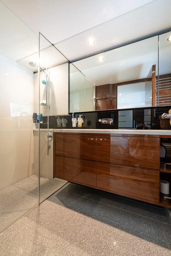 The yacht's bathroom features modern fixtures and a sleek design. aboard DAPHNE Yacht for Sale
