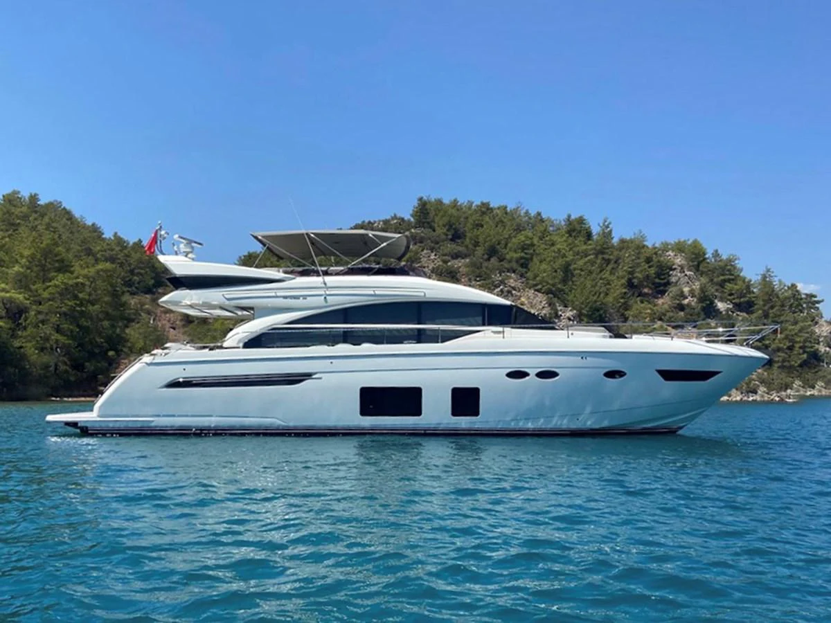 A sleek and modern yacht cruising on calm blue waters with a scenic backdrop of lush greenery. aboard DAPHNE Yacht for Sale
