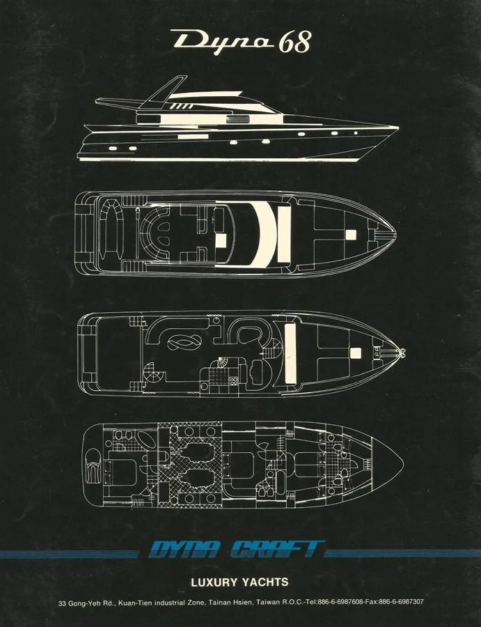 A detailed blueprint of the Dyno 68 yacht showcasing its layout and design. aboard SHOW ME THE MONEY Yacht for Sale