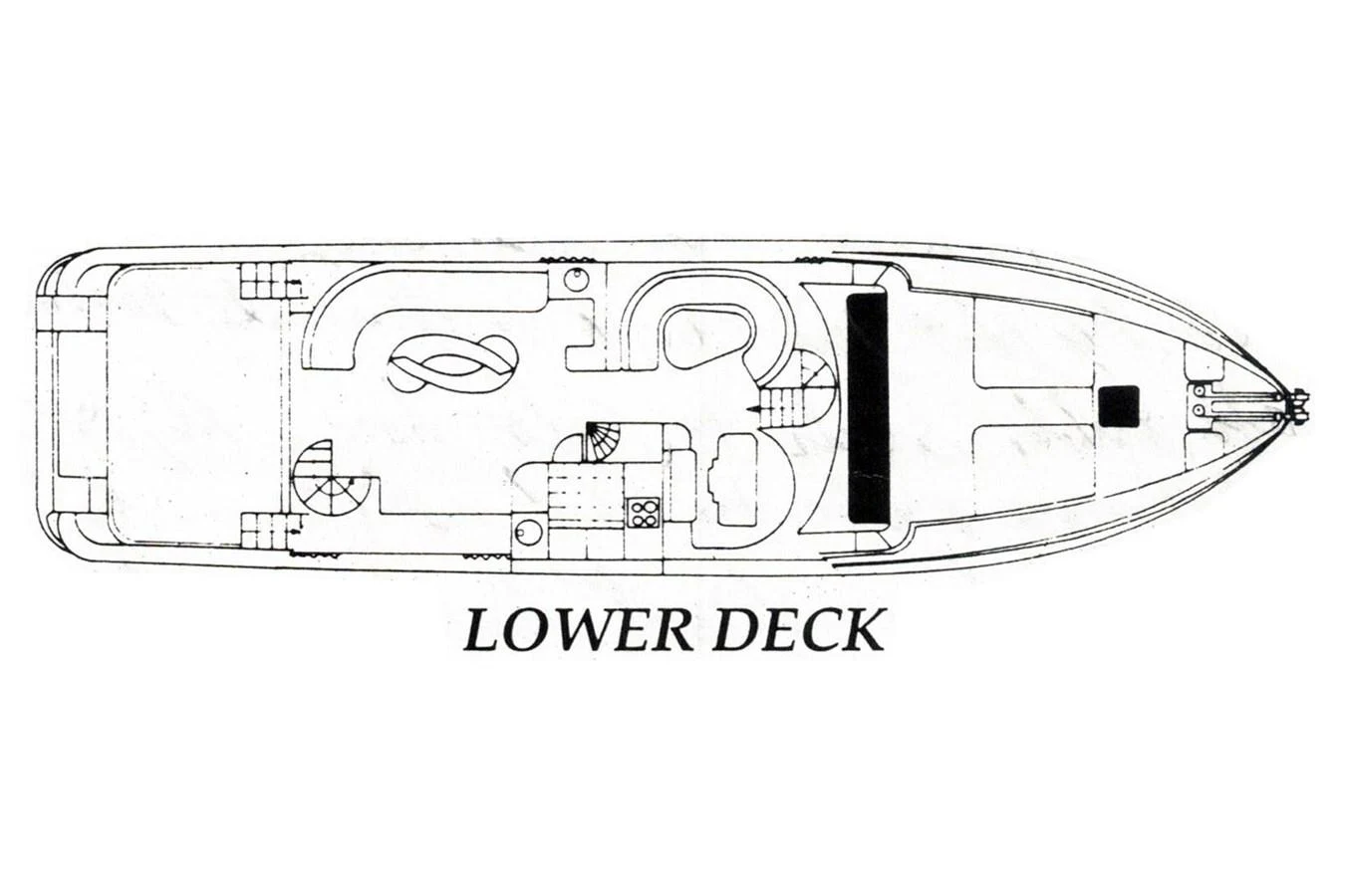 A detailed layout of the yacht's lower deck, showcasing the arrangement of rooms and amenities. aboard SHOW ME THE MONEY Yacht for Sale