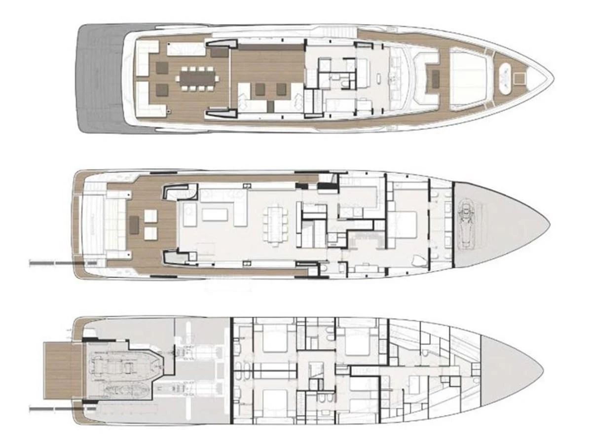 The image showcases detailed floor plans of a multi-deck yacht, highlighting various living and functional areas. aboard ON Yacht for Sale