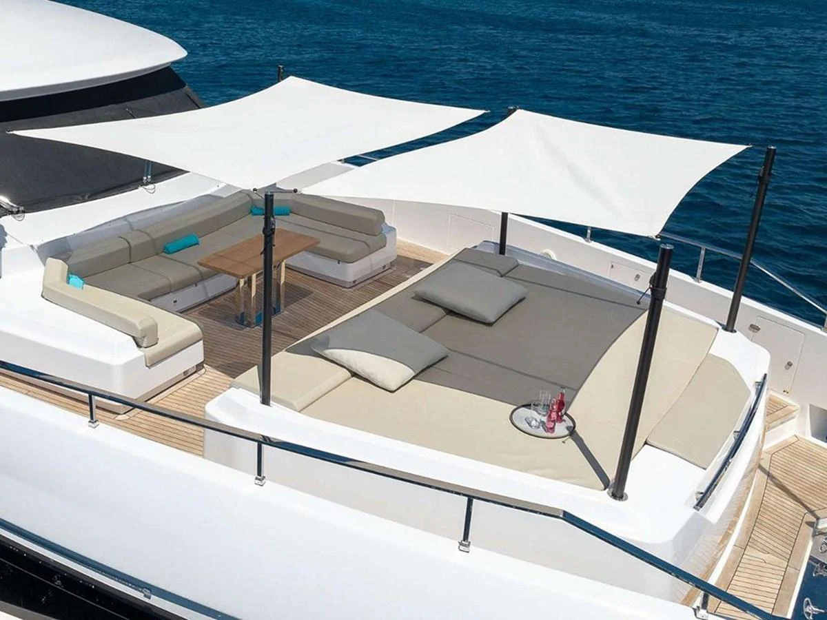 The sundeck features luxurious sunbeds and shaded seating areas, perfect for relaxation. aboard ON Yacht for Sale
