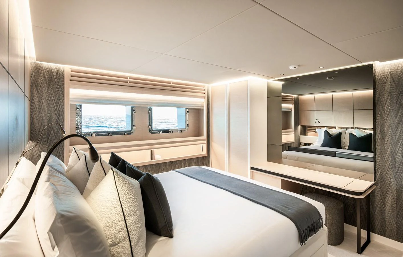 The master stateroom offers a luxurious and serene retreat with elegant decor and ample natural light. aboard NUMARINE 37XP#22 Yacht for Sale