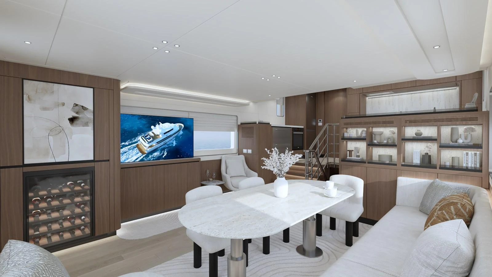The salon features elegant furnishings, a large dining table, and a flat-screen TV for entertainment. aboard B77 Yacht for Sale