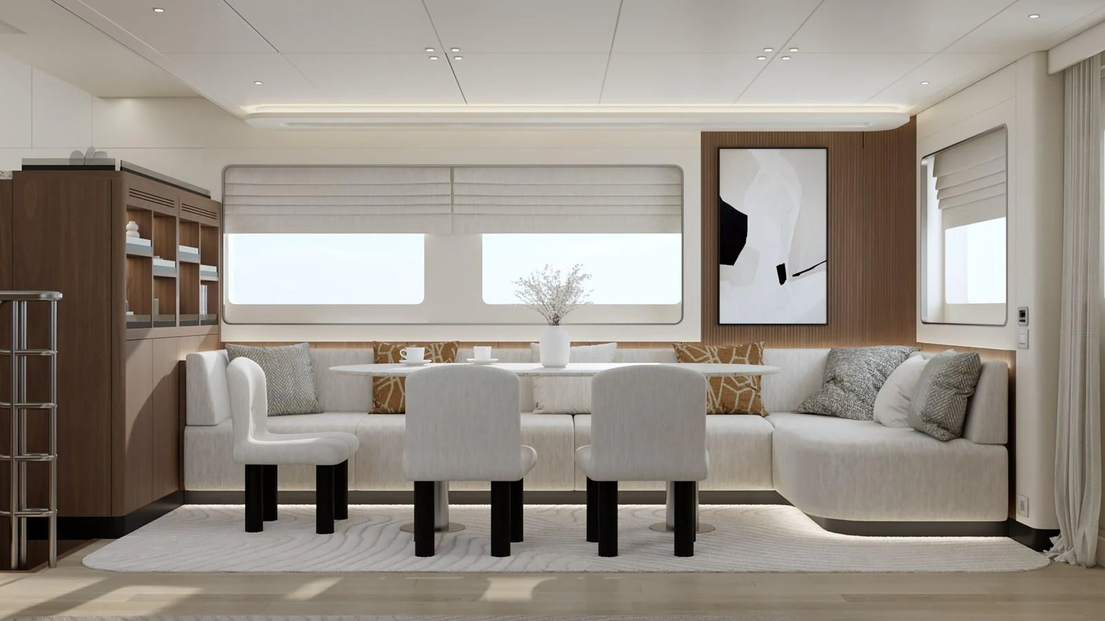 The salon features a stylish and comfortable seating arrangement with modern decor. aboard B77 Yacht for Sale