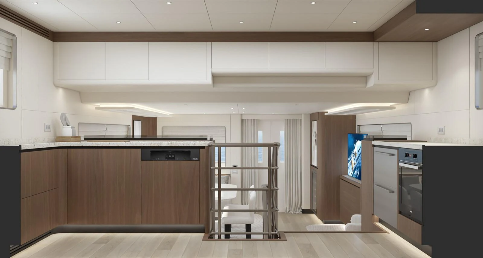 The yacht's galley is modern and spacious, featuring sleek cabinetry and high-end appliances. aboard B77 Yacht for Sale