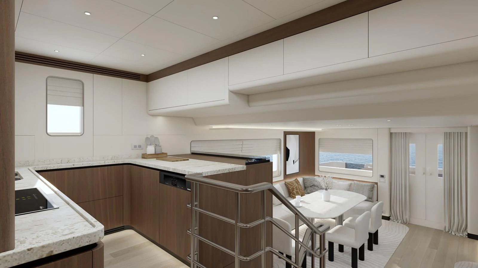 The yacht's galley features modern appliances and a spacious dining area with elegant furnishings. aboard B77 Yacht for Sale