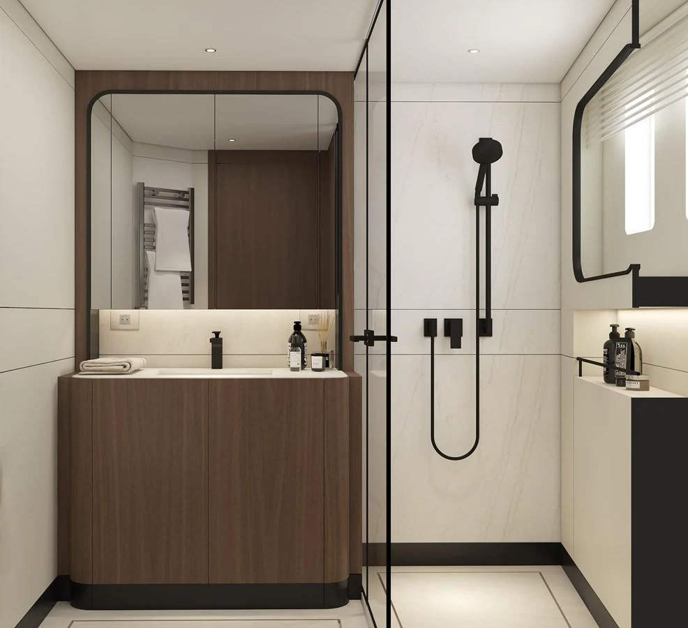 The yacht's bathroom features modern fixtures and a sleek design. aboard B77 Yacht for Sale