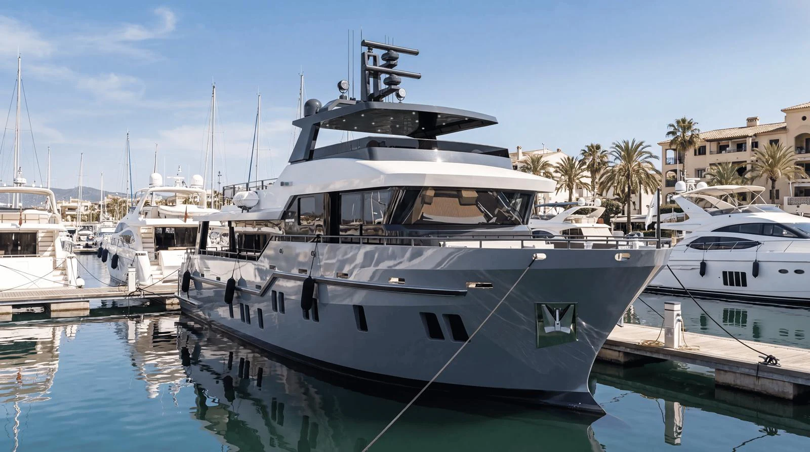 A sleek and modern yacht is docked in a marina, showcasing its elegant design and luxurious features. aboard B77 Yacht for Sale