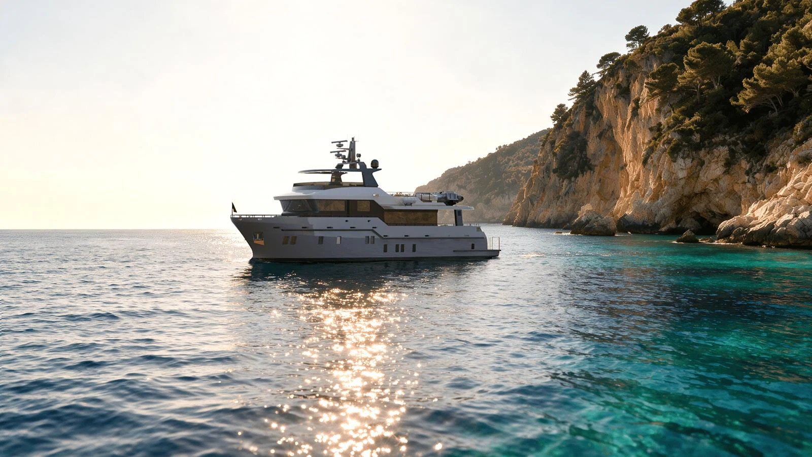 A luxurious yacht cruises along a scenic coastline with clear blue waters and rocky cliffs. aboard B77 Yacht for Sale