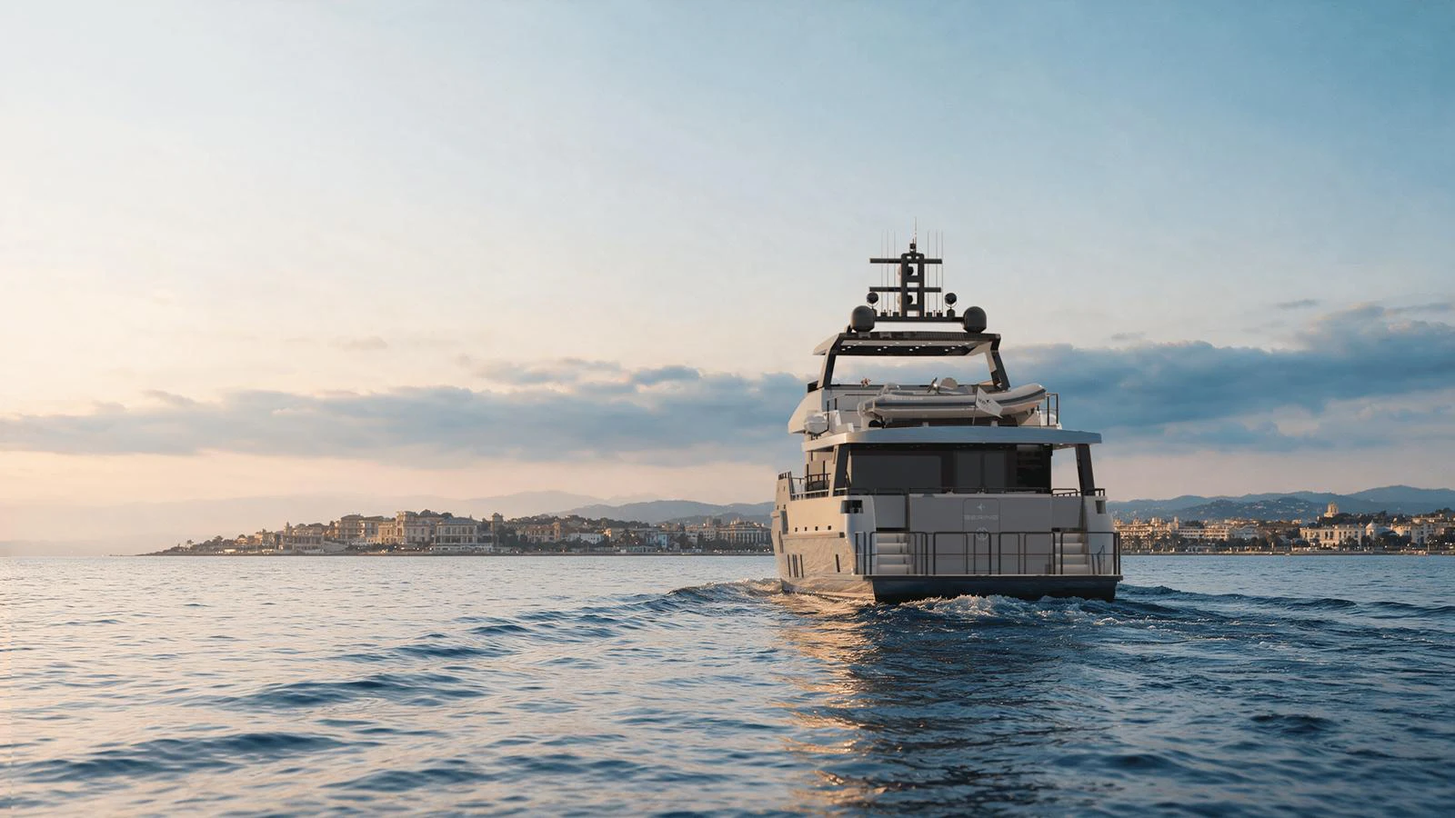 A luxurious yacht cruises away from the shore under a serene sky. aboard B77 Yacht for Sale