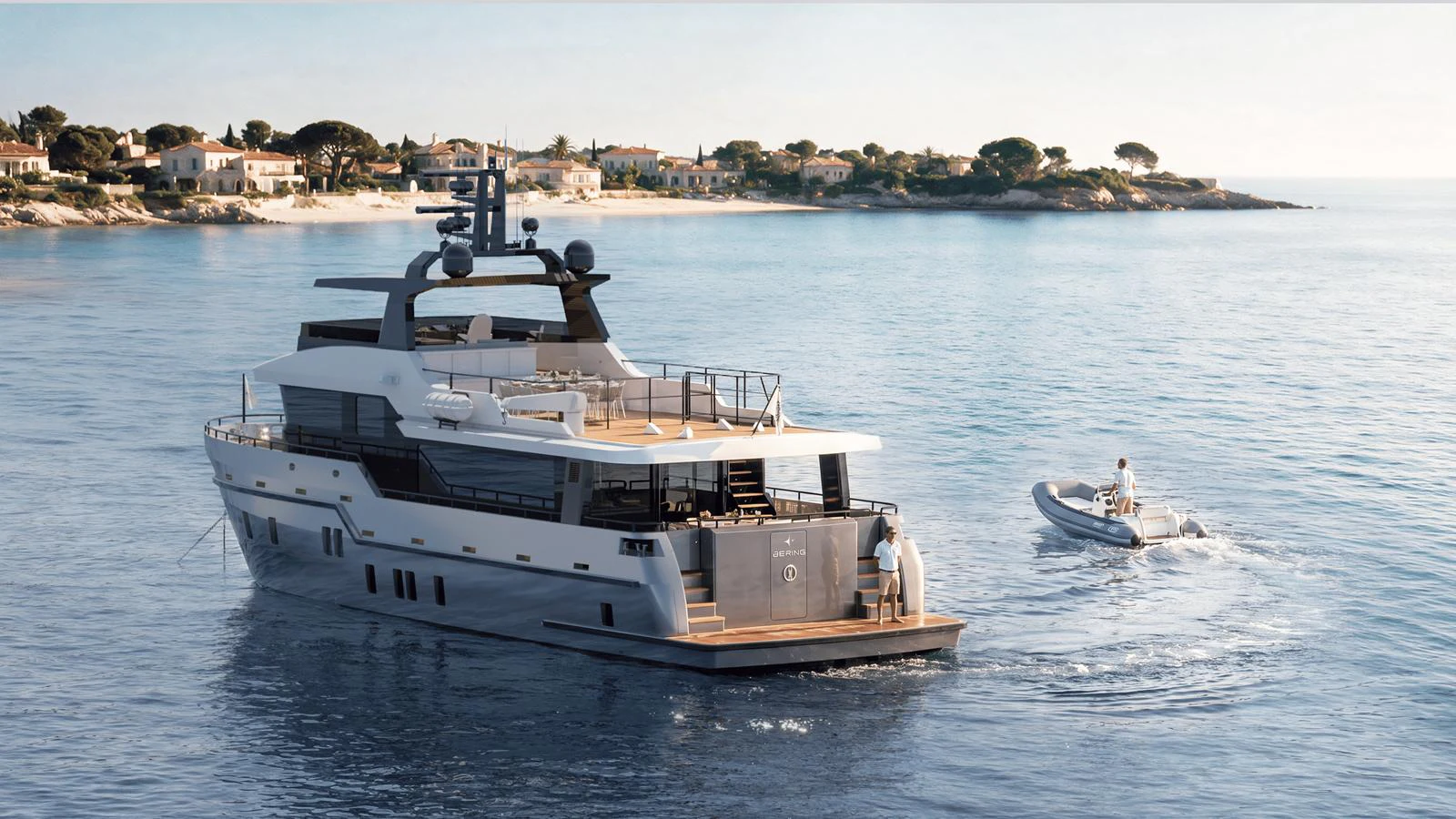 A luxurious yacht cruises near a picturesque coastline, accompanied by a small tender boat. aboard B77 Yacht for Sale