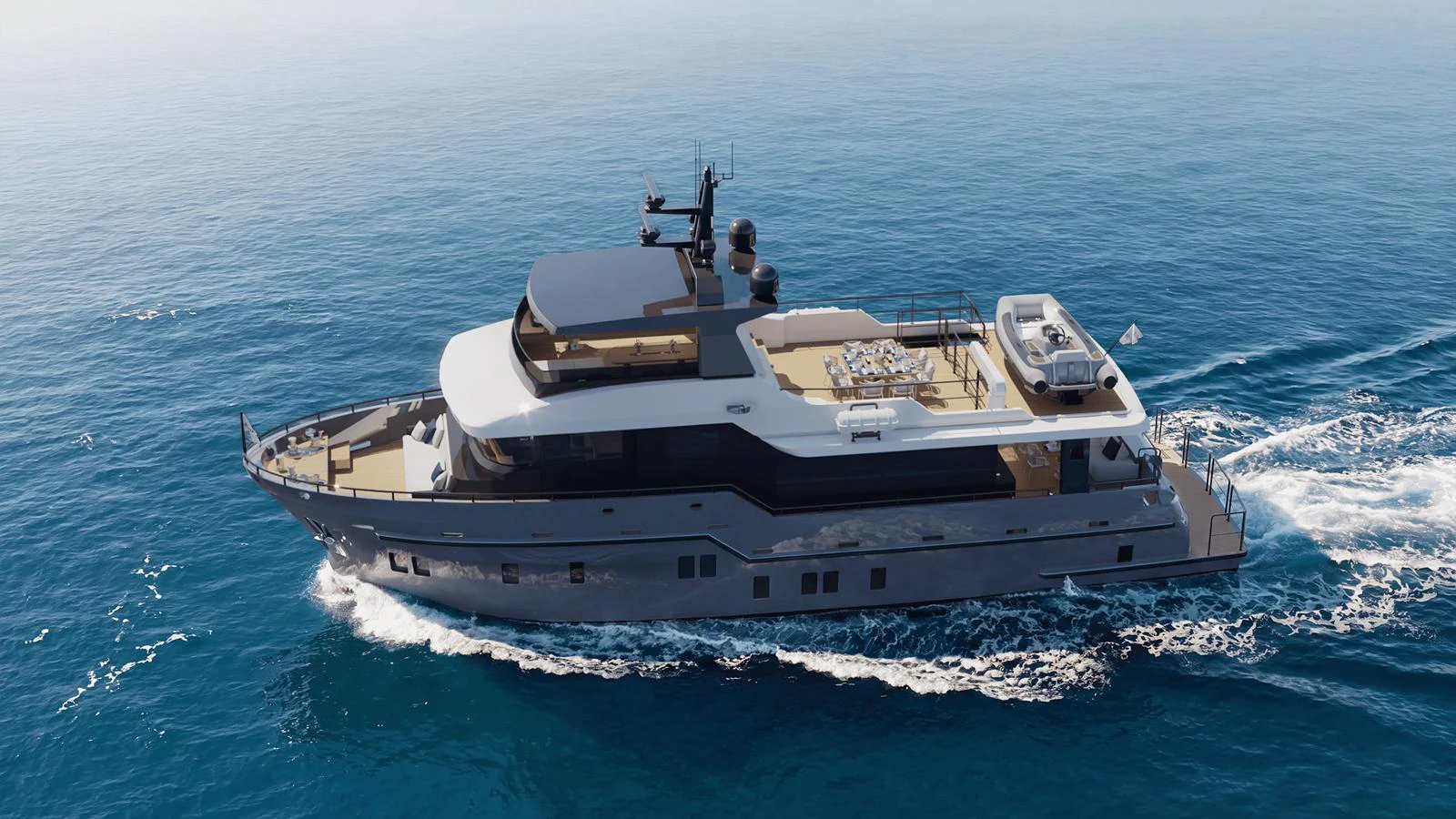 A sleek and modern yacht cruising gracefully on the open sea. aboard B77 Yacht for Sale