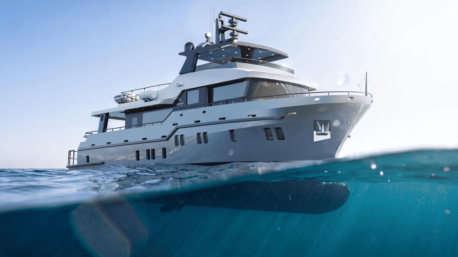 A sleek and modern yacht glides gracefully on the water, showcasing its impressive design. aboard B77 Yacht for Sale