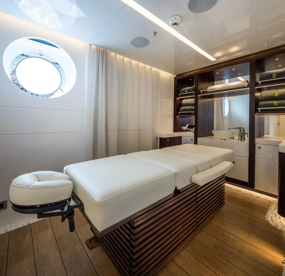 The yacht's spa room offers a serene space for relaxation and rejuvenation. aboard SCOUT Yacht for Sale