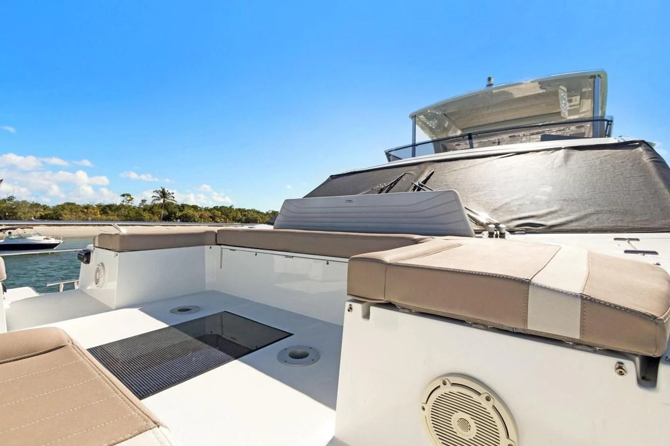The aft deck features comfortable seating with a view of the surrounding waters. aboard GALEON Yacht for Sale