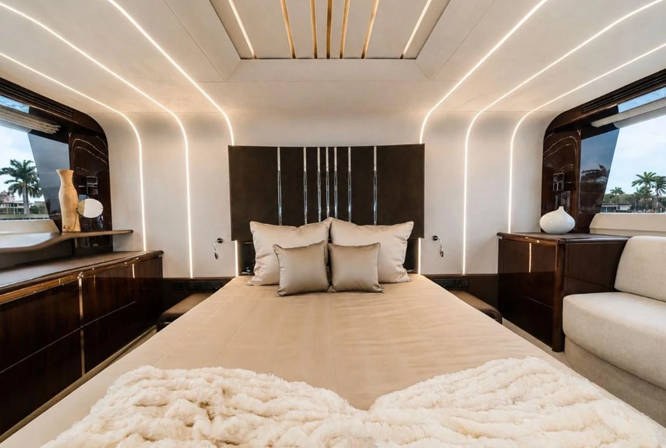 The master stateroom exudes luxury with its elegant design and plush bedding. aboard GALEON Yacht for Sale