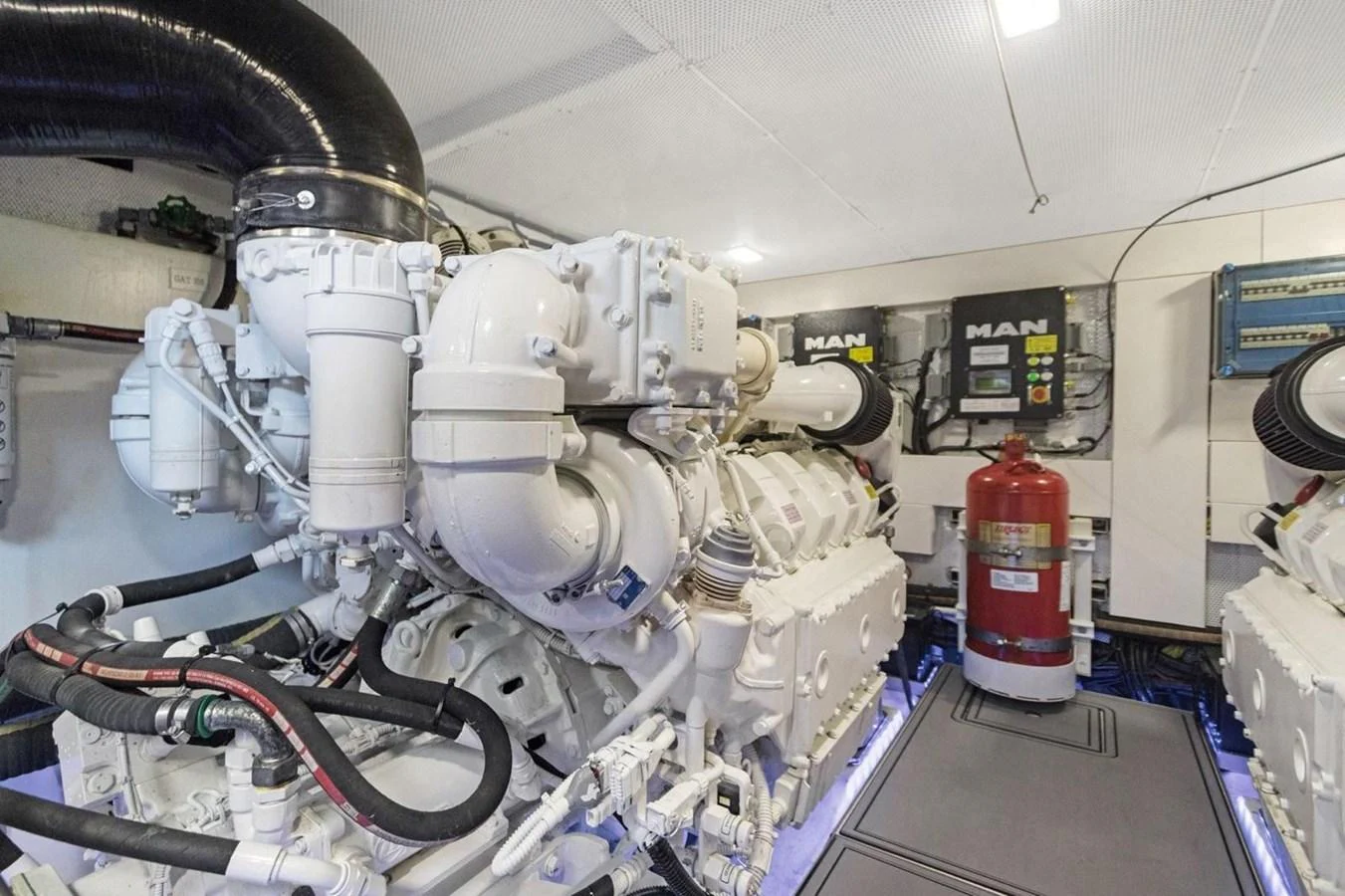 The engine room showcases powerful machinery and well-organized systems. aboard GALEON Yacht for Sale