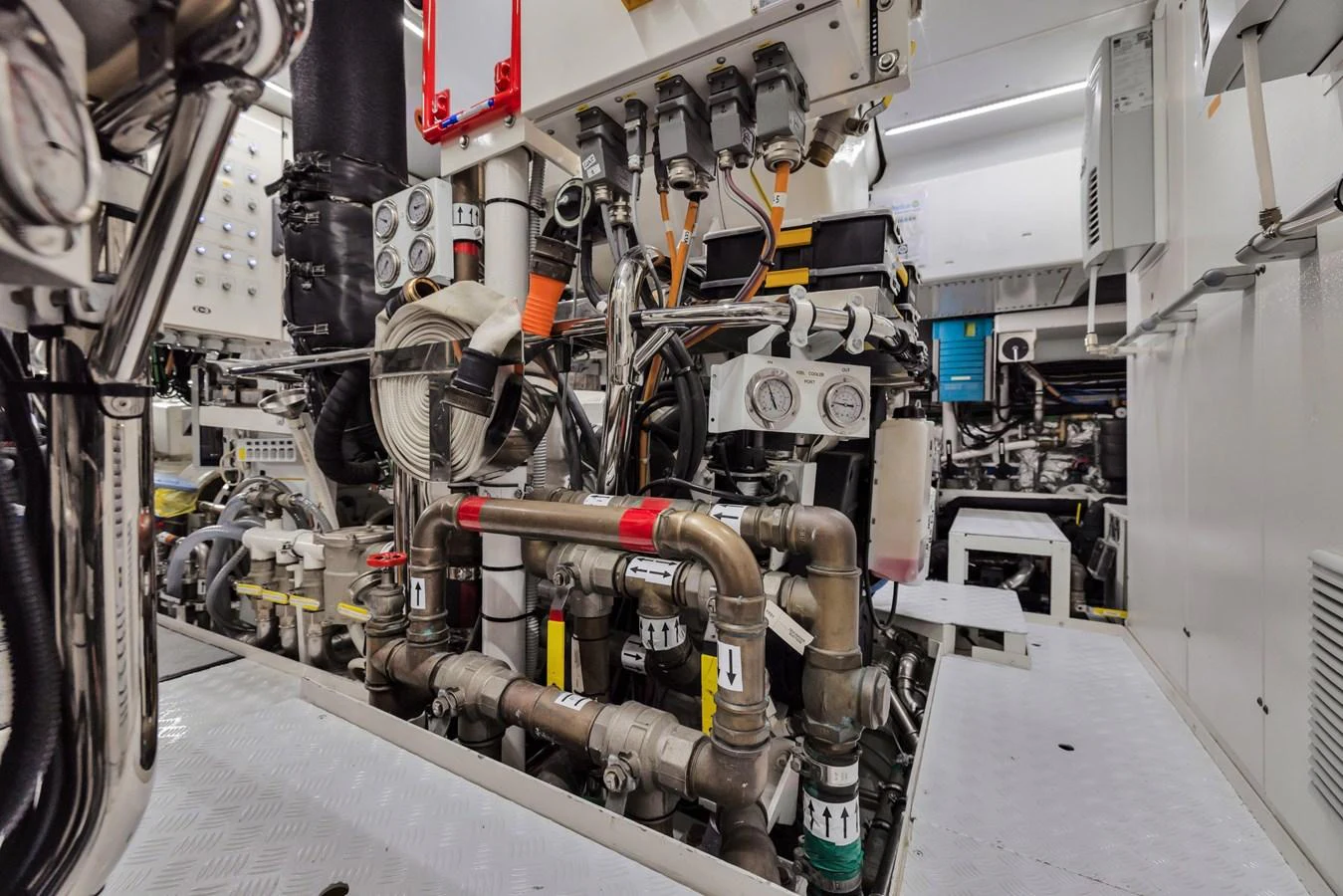 A detailed view of the yacht's engine room showcasing its complex machinery and systems. aboard VANADIS Yacht for Sale
