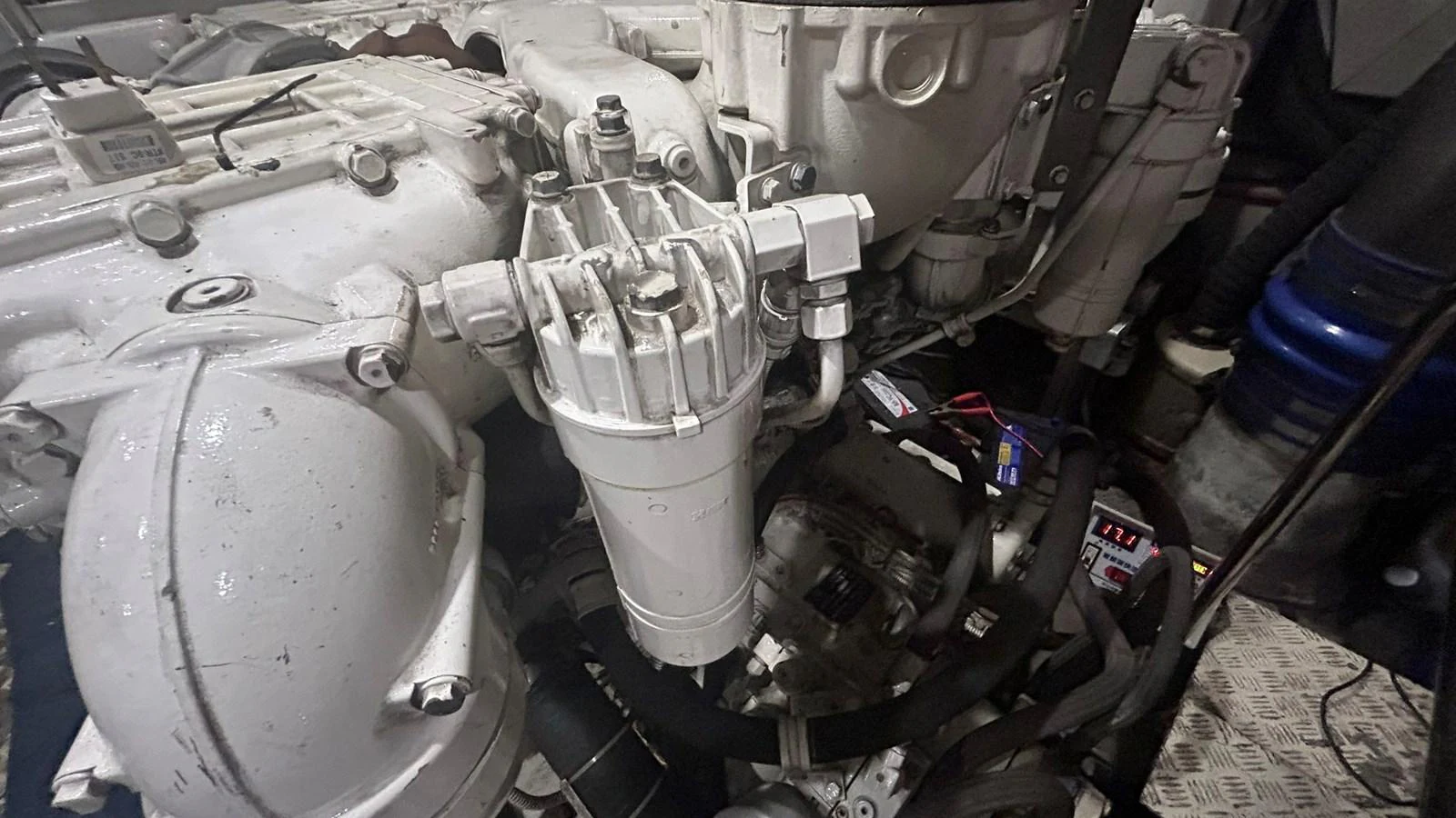 The image showcases the intricate details of the yacht's engine room, highlighting the mechanical components. aboard AURORA Yacht for Sale