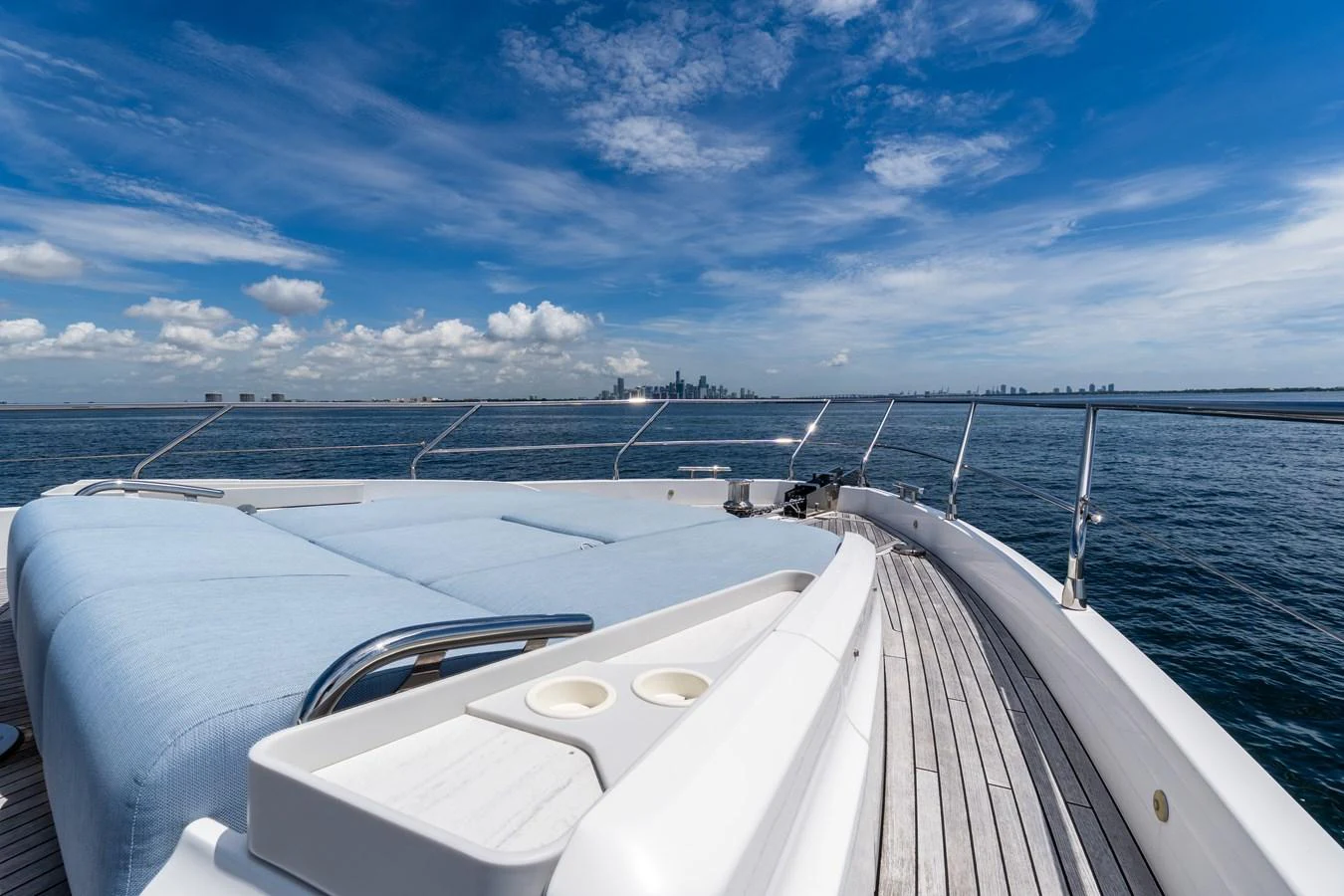 The foredeck offers a spacious sunbathing area with stunning ocean views. aboard GONE PHISHING Yacht for Sale