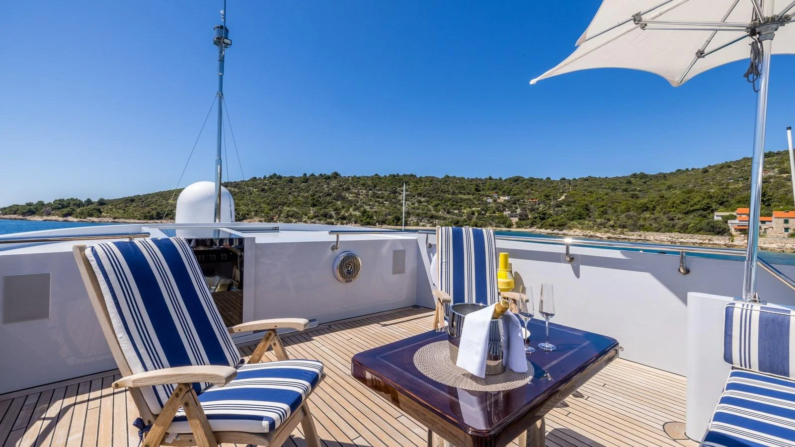 The sundeck offers a relaxing outdoor space with comfortable seating and a table set for refreshments. aboard LA STELLA DEI MARI Yacht for Sale