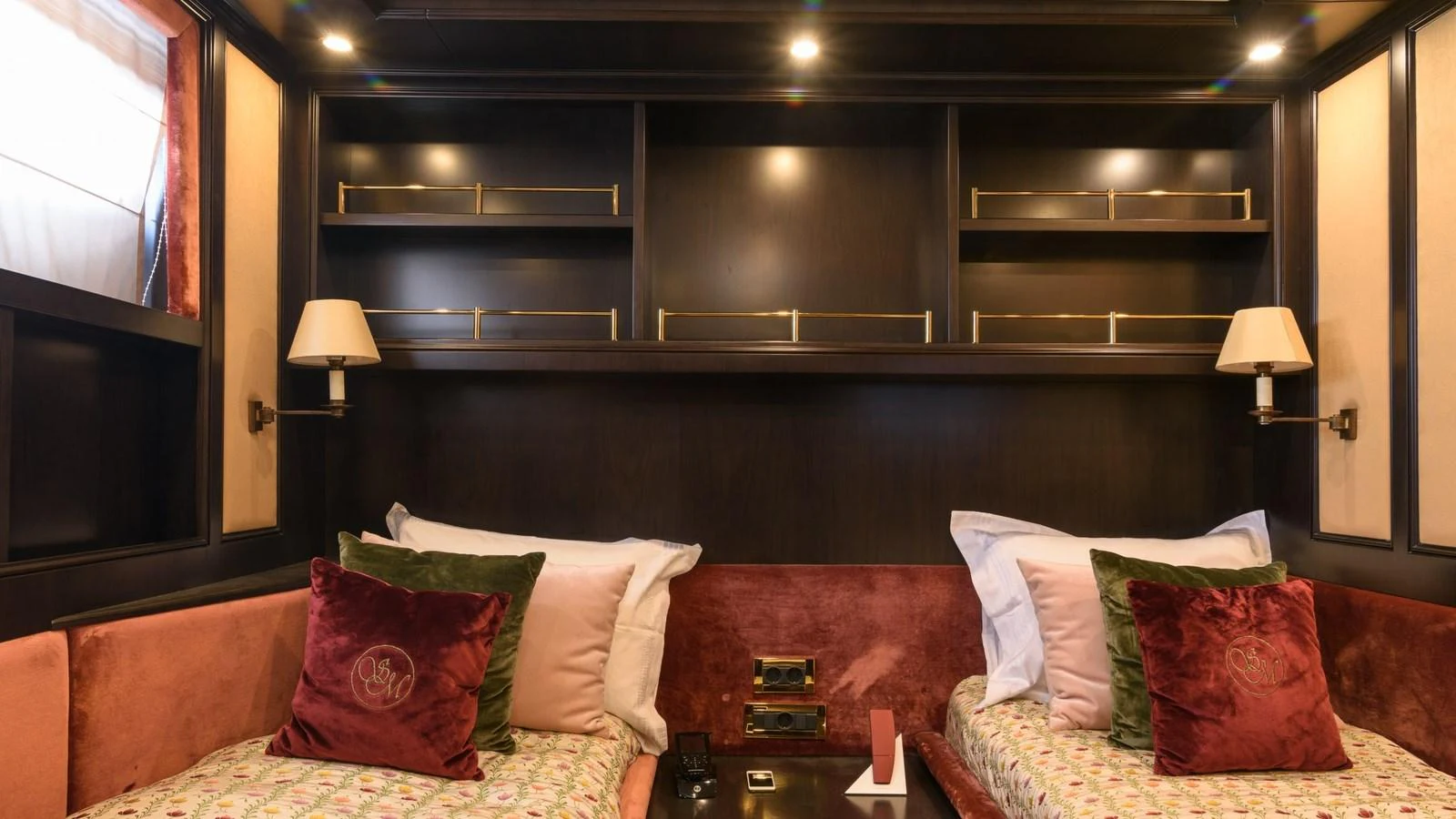 The guest stateroom features twin beds with elegant bedding and ample storage space. aboard LA STELLA DEI MARI Yacht for Sale
