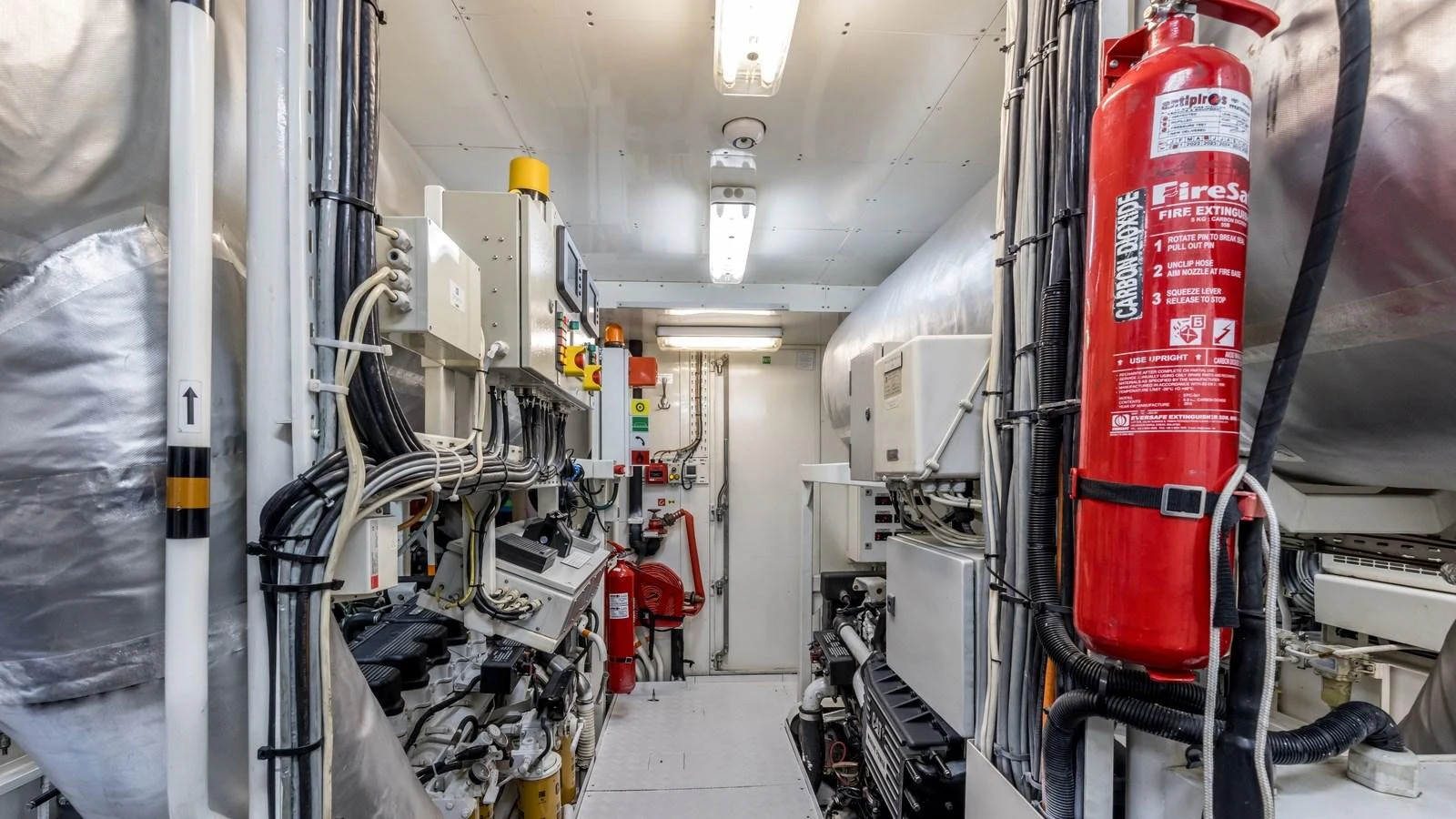 The engine room is equipped with advanced machinery and safety equipment. aboard LA STELLA DEI MARI Yacht for Sale