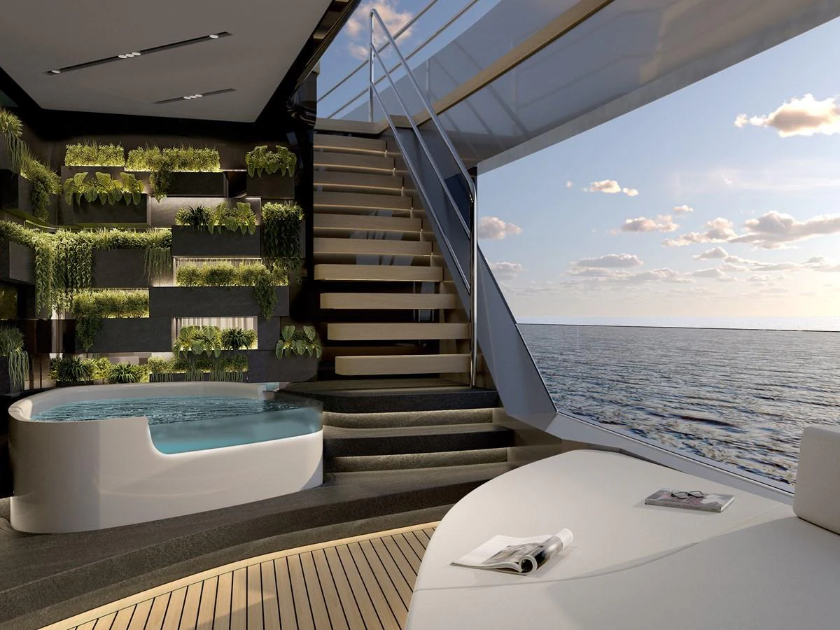 This serene spa area features a luxurious hot tub with a stunning ocean view. aboard LIVIA Yacht for Sale