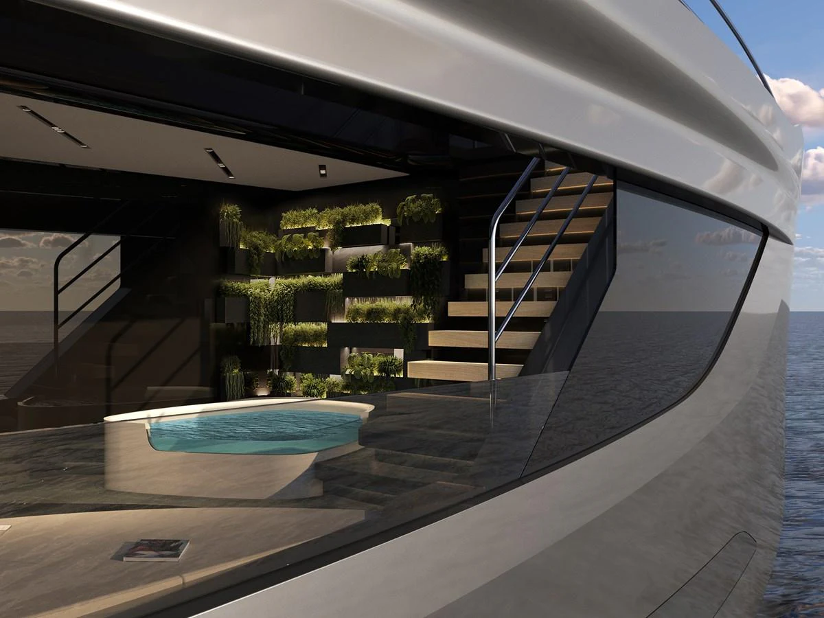 A luxurious interior space featuring a modern staircase and a serene jacuzzi area with a vertical garden. aboard LIVIA Yacht for Sale