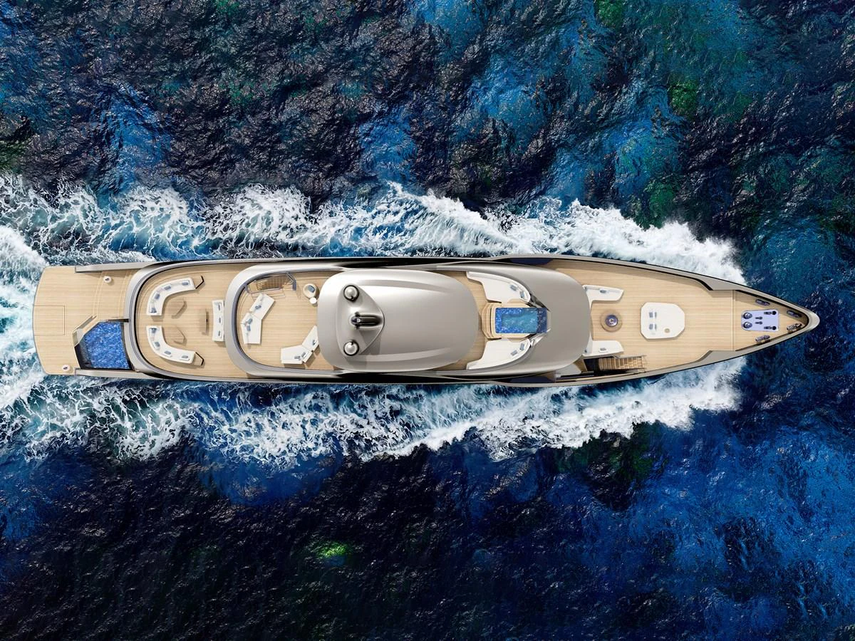 A stunning aerial view of a luxurious yacht cruising through the deep blue sea. aboard LIVIA Yacht for Sale