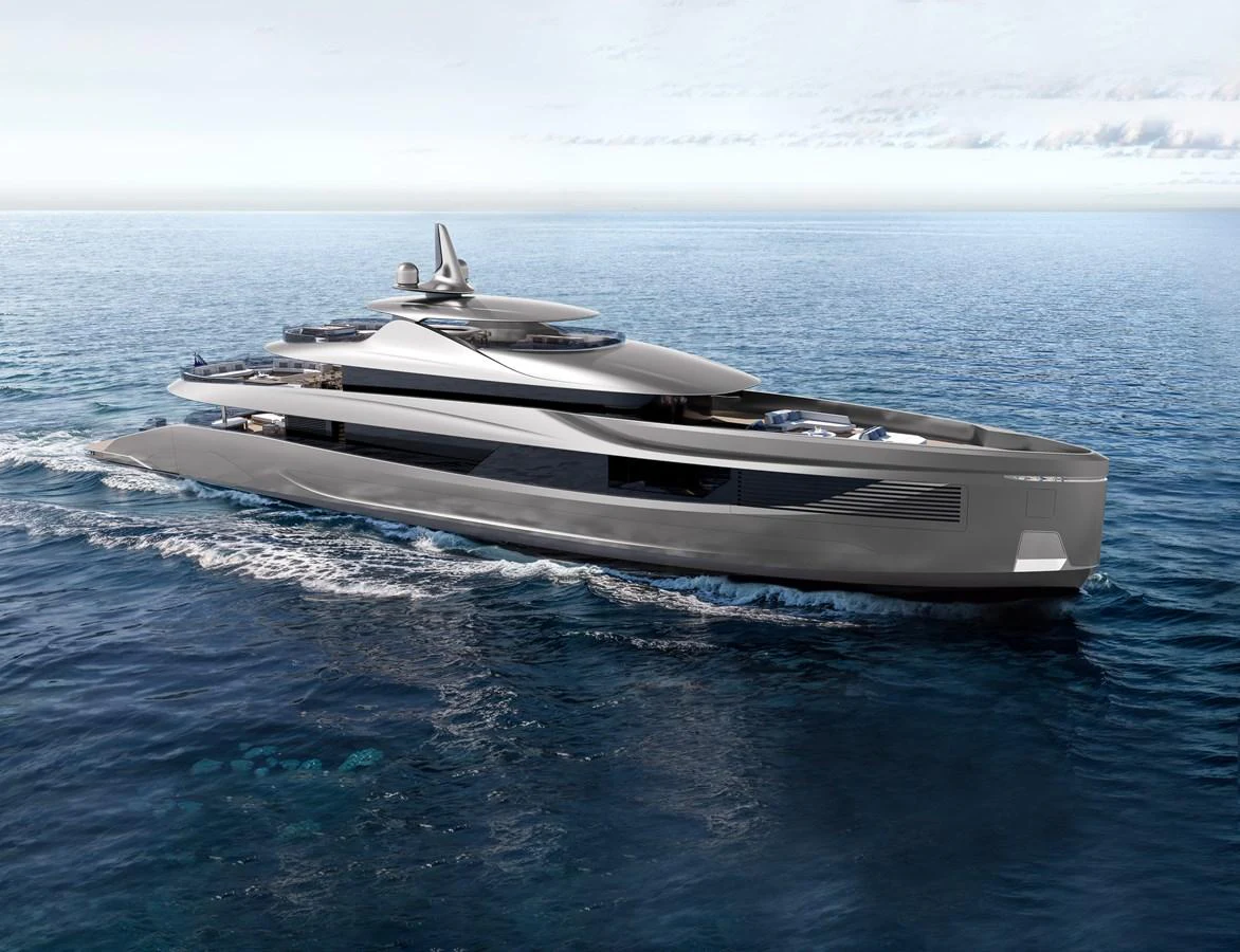 A sleek and modern yacht glides gracefully across the open sea. aboard LIVIA Yacht for Sale